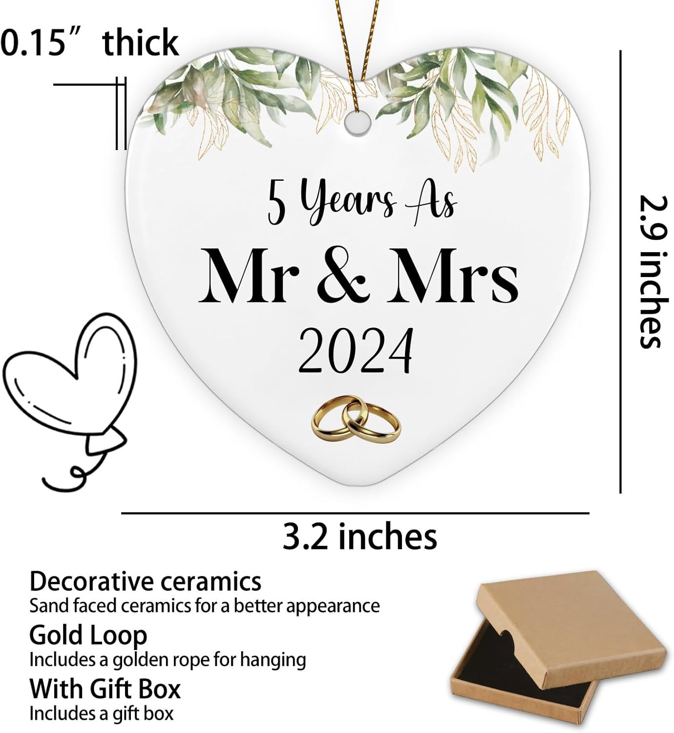 5 Year Marriage Ornament Keepsake Sign Heart Plaque 5th Wedding for Him Her Couple Husband Wife 5 Years as Mr & Mrs 2024