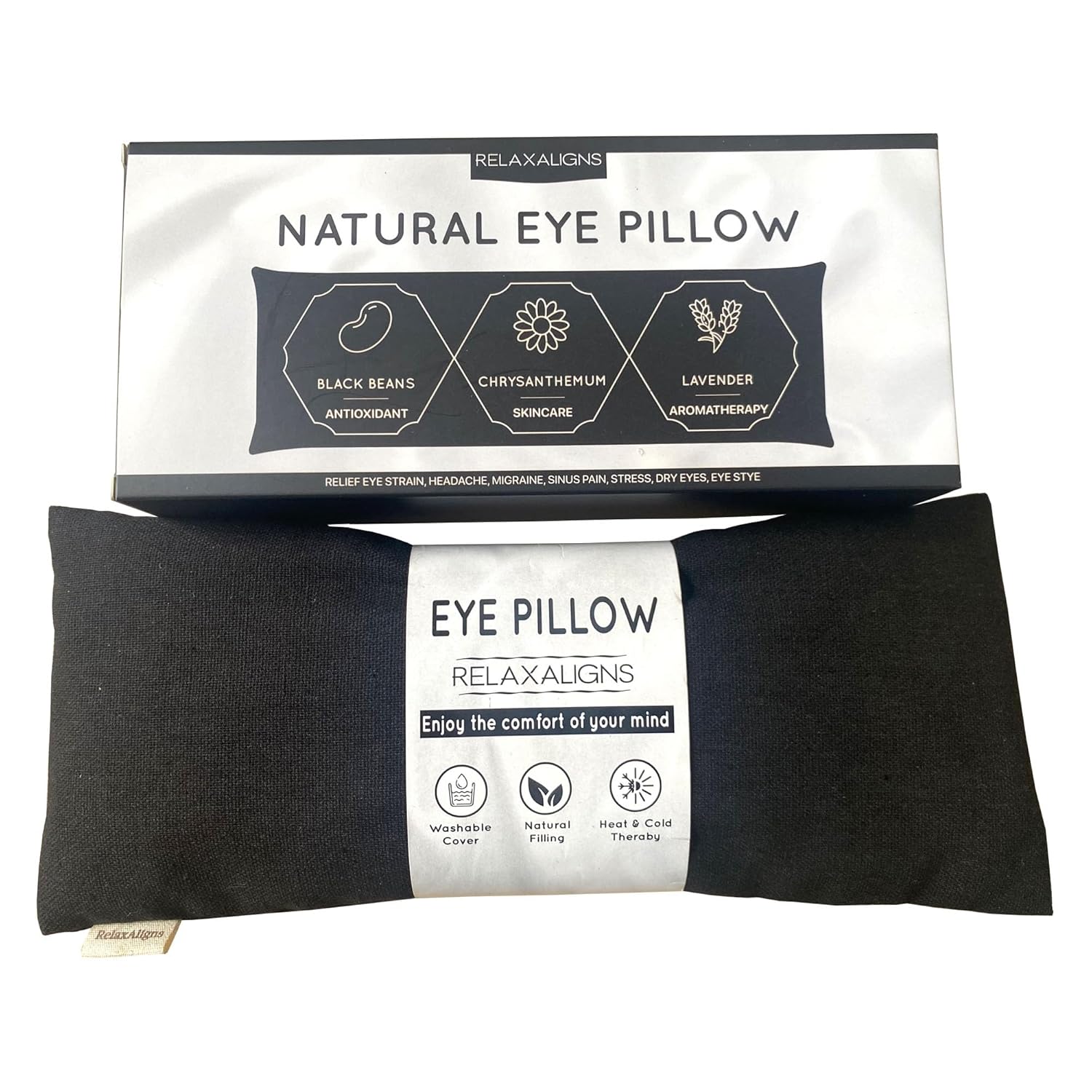 Organic Linen Eye Pillow with Black Beans, Chrysanthemum and Lavender Hot/Cold Aromatherapy for Sleep, Yoga and Relief Headache, Dry Eyes