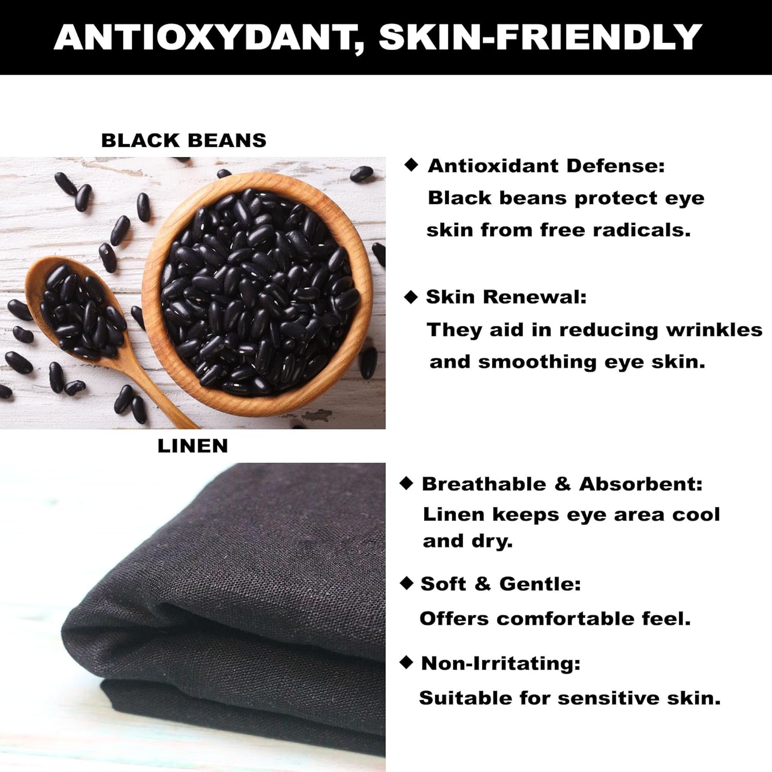 Organic Linen Eye Pillow with Black Beans, Chrysanthemum and Lavender Hot/Cold Aromatherapy for Sleep, Yoga and Relief Headache, Dry Eyes