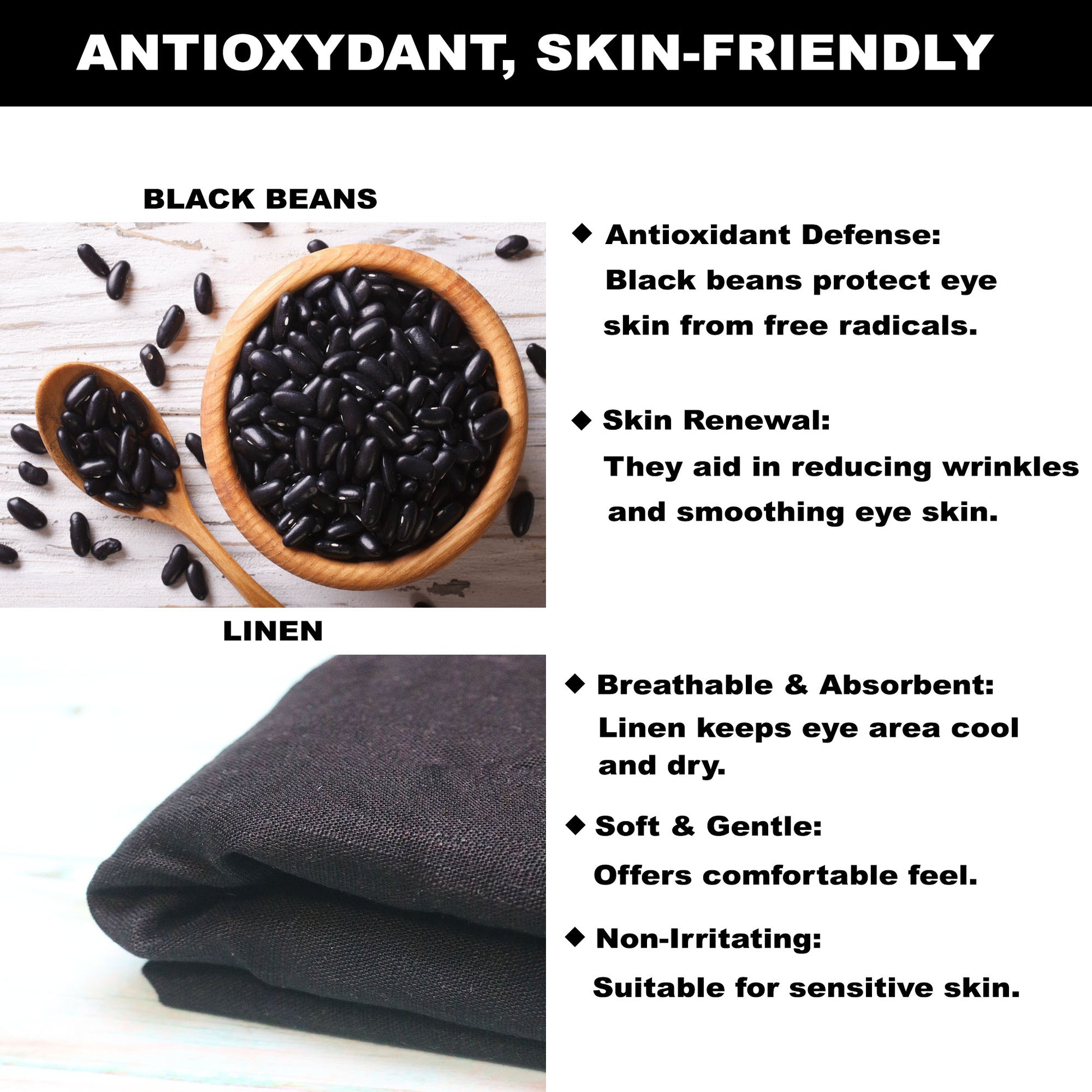 Organic Linen Weighted Eye Pillow with Roasted Black Beans, Chrysanthemum, and Lavender – Heated or Cooling Aromatherapy for Relaxation, Yoga, Meditation, Sleeping, Headache, Dry Eyes, and Sinus Relief