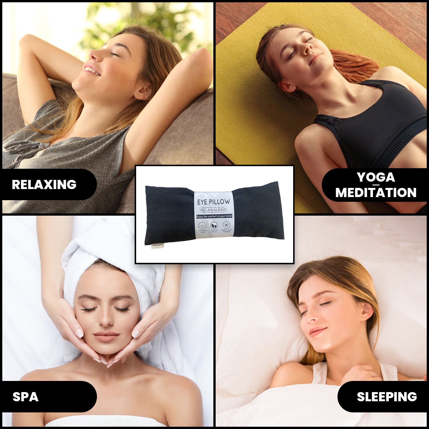 Organic Linen Weighted Eye Pillow with Roasted Black Beans, Chrysanthemum, and Lavender – Heated or Cooling Aromatherapy for Relaxation, Yoga, Meditation, Sleeping, Headache, Dry Eyes, and Sinus Relief