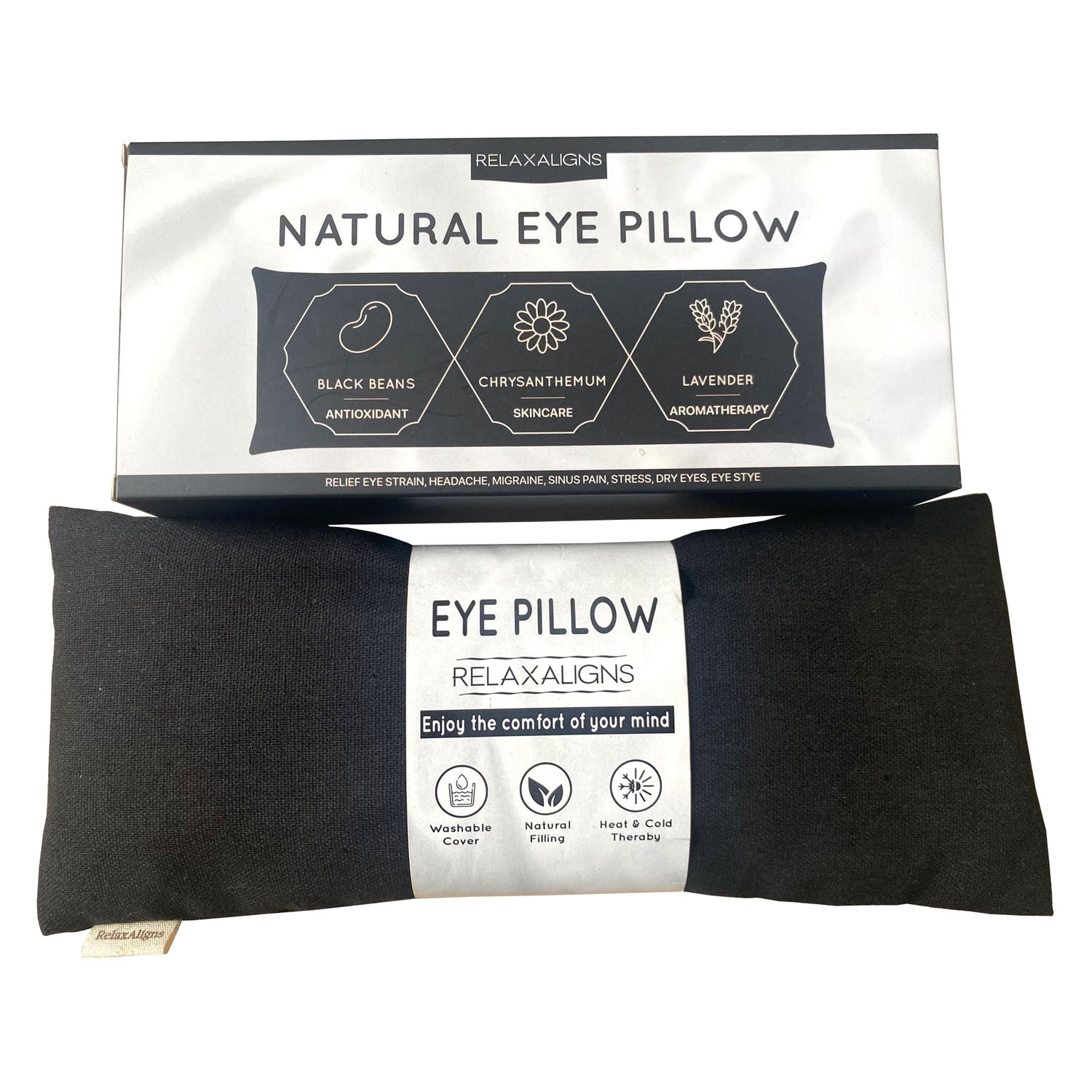 Organic Linen Weighted Eye Pillow with Roasted Black Beans, Chrysanthemum, and Lavender – Heated or Cooling Aromatherapy for Relaxation, Yoga, Meditation, Sleeping, Headache, Dry Eyes, and Sinus Relief