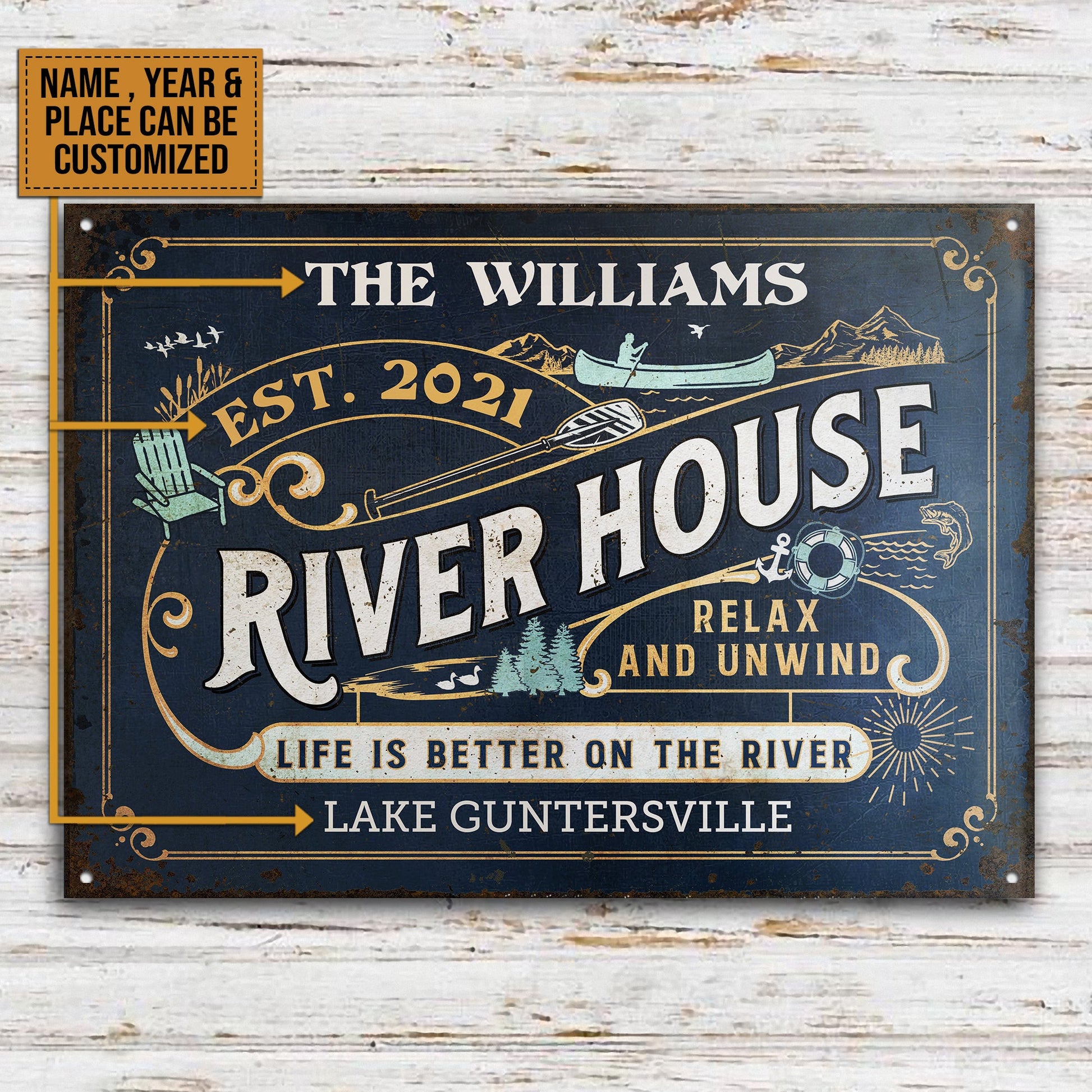 FE911 Personalized River House Life Better Customized Metal Sign Home Decor