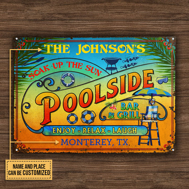 Personalized Pool Summer Vibe Bar & Grill Custom Metal Sign Home Decor