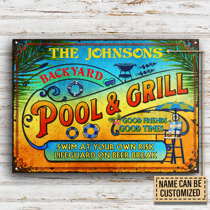 Personalized Pool Grilling Backyard At Your Own Risk Summer Custom Metal Sign Home Decor