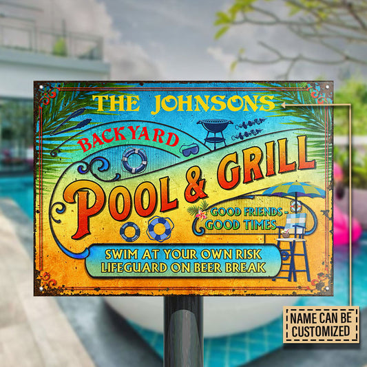 Personalized Pool Grilling Backyard At Your Own Risk Summer Custom Metal Sign Home Decor