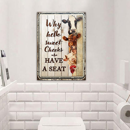 Farm Hello Sweet Cheeks Wood Pattern Restroom Customized Metal Sign Home Decor