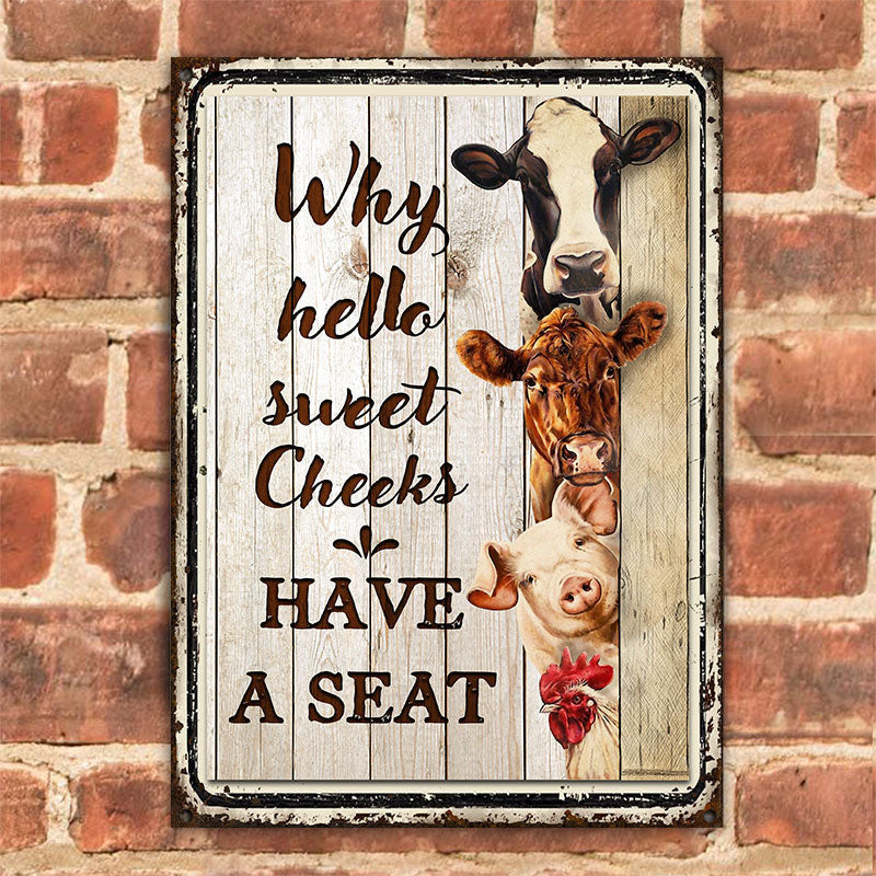 Farm Hello Sweet Cheeks Wood Pattern Restroom Customized Metal Sign Home Decor