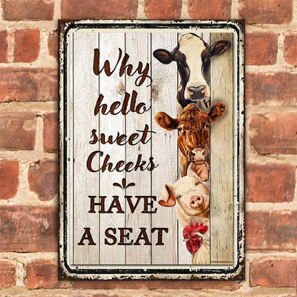 Farm Hello Sweet Cheeks Wood Pattern Restroom Customized Metal Sign Home Decor