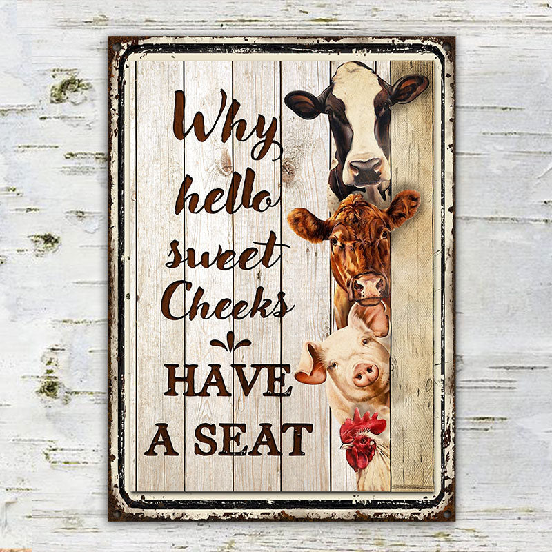 Farm Hello Sweet Cheeks Wood Pattern Restroom Customized Metal Sign Home Decor