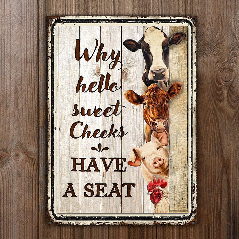 Farm Hello Sweet Cheeks Wood Pattern Restroom Customized Metal Sign Home Decor