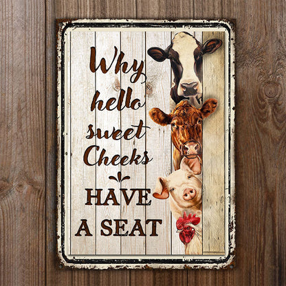 Farm Hello Sweet Cheeks Wood Pattern Restroom Customized Metal Sign Home Decor