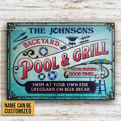 Personalized Pool Grilling Backyard At Your Own Risk Pink Blue Custom Metal Sign Home Decor