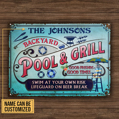 Personalized Pool Grilling Backyard At Your Own Risk Pink Blue Custom Metal Sign Home Decor