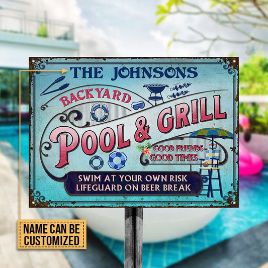 Personalized Pool Grilling Backyard At Your Own Risk Pink Blue Custom Metal Sign Home Decor