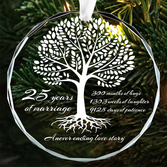 25th Wedding Anniversary Round Glass Ornament for Married Couples & Parents