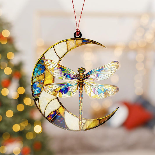Dragonfly Moon Ornament, Christmas Ornaments for Tree, Dangling Moon Decor, Dragonfly Gifts for Women, Gift Exchange Idea, Hanging Car Charm, Ornaments for Window Home Car Decor