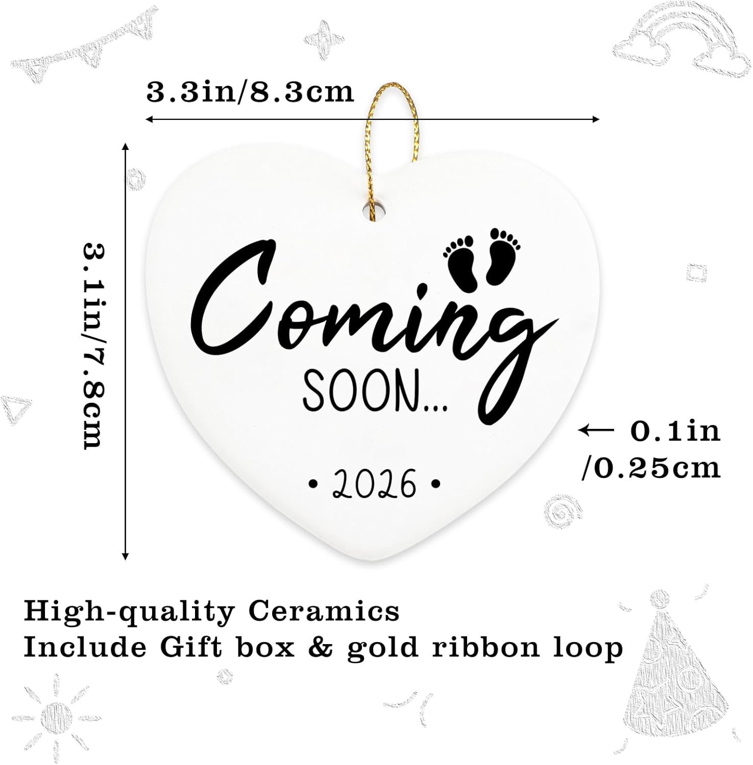 Coming Soon 2026 Baby Announcement Hanging Ornament Gender Reveal Best Gifts for Expectant Mom Dad Pregnancy Announcement for Grandma Grandpa Christmas Tree Ceramic Heart Keepsake