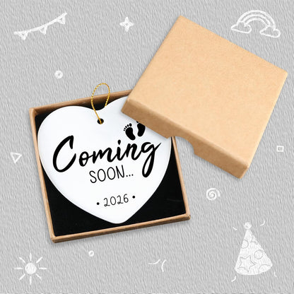 Coming Soon 2026 Baby Announcement Hanging Ornament Gender Reveal Best Gifts for Expectant Mom Dad Pregnancy Announcement for Grandma Grandpa Christmas Tree Ceramic Heart Keepsake