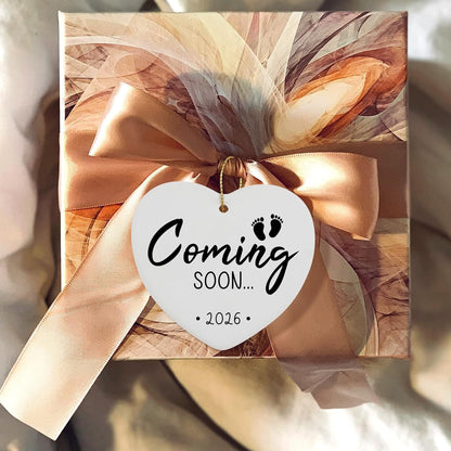 Coming Soon 2026 Baby Announcement Hanging Ornament Gender Reveal Best Gifts for Expectant Mom Dad Pregnancy Announcement for Grandma Grandpa Christmas Tree Ceramic Heart Keepsake