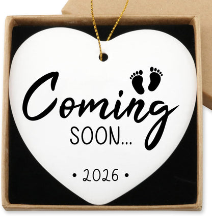Coming Soon 2026 Baby Announcement Hanging Ornament Gender Reveal Best Gifts for Expectant Mom Dad Pregnancy Announcement for Grandma Grandpa Christmas Tree Ceramic Heart Keepsake