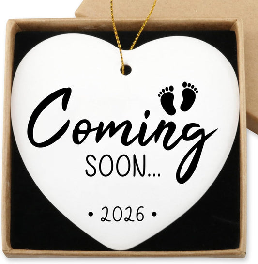Coming Soon 2026 Baby Announcement Hanging Ornament Gender Reveal Best Gifts for Expectant Mom Dad Pregnancy Announcement for Grandma Grandpa Christmas Tree Ceramic Heart Keepsake