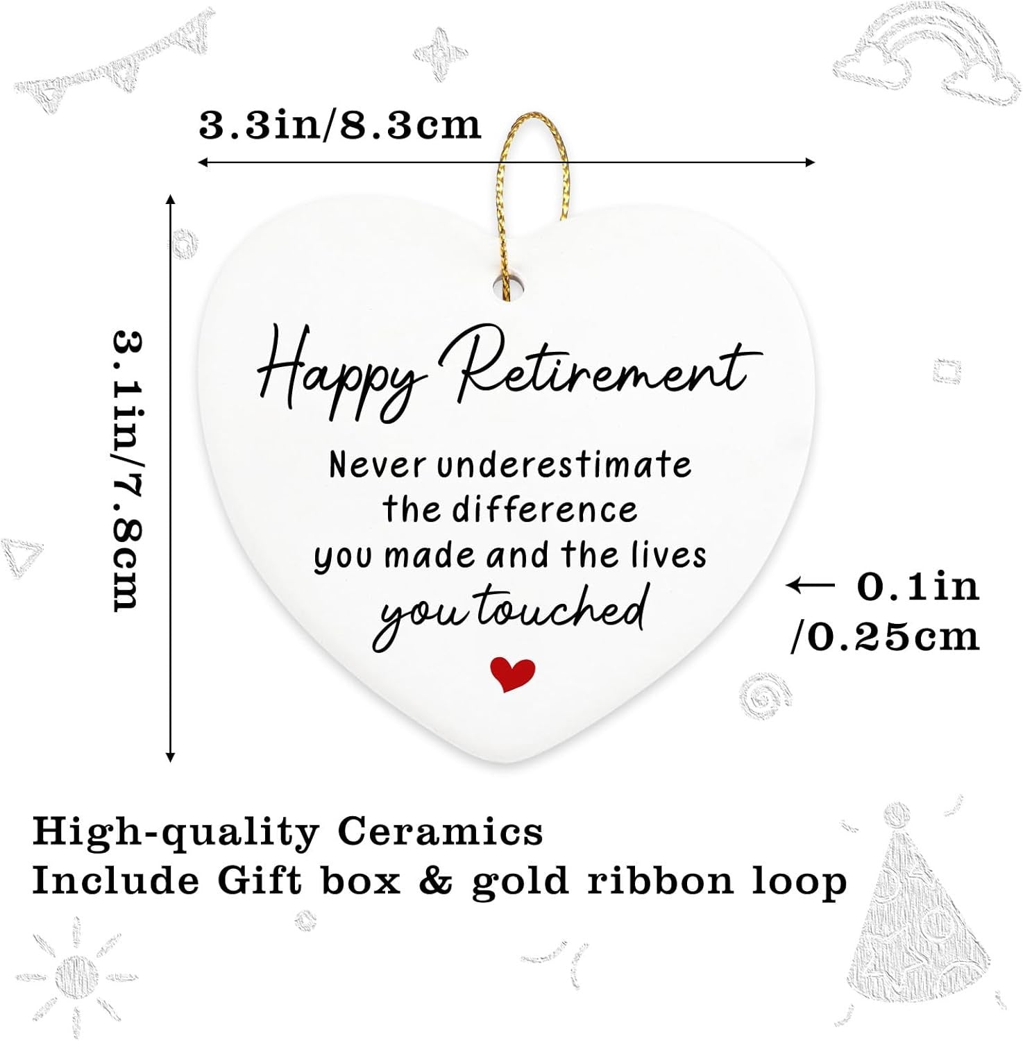 Funny Retirement Gifts for Women Never Underestimate The Difference You Made Hanging Ornament Happy Retirement Farewell Gift for Men Coworker Teacher Boss Nurse Christmas Tree Ceramic Heart Keepsake