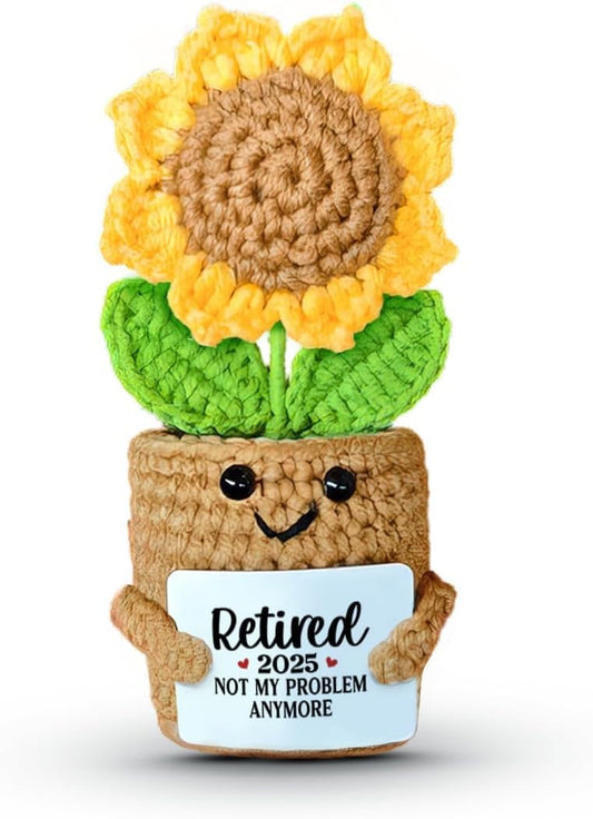 Retirement Gift for Woman, Handmade Mini Sunflower Crochet with "Retired 2025 Not My Problem Anymore" Card, Cute Funny Retirement Decoration for Women, Teachers, Coworkers, Nurses
