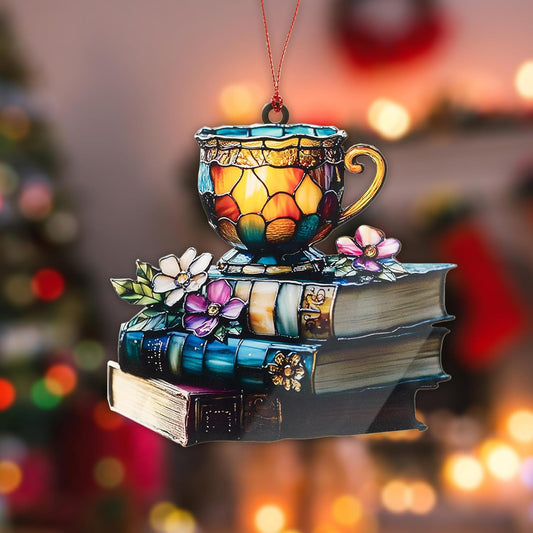 Floral Book Tea Acrylic Suncatcher Ornament, Book Lover Gifts for Women Men, Ornaments for Christmas Tree, Gift for Readers Friends Coworker, Hanging Literary Decor, Holiday Ornaments