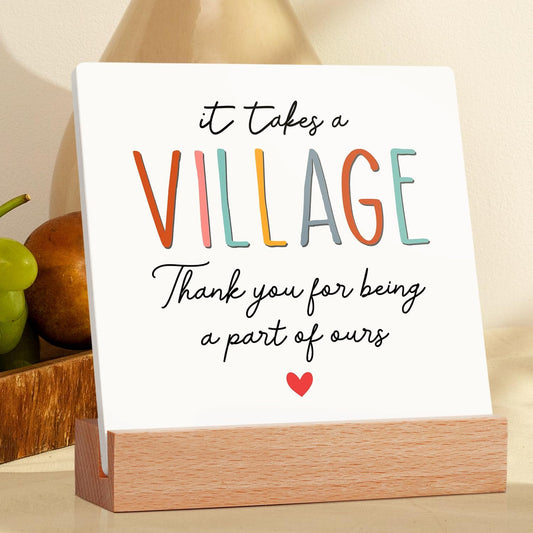 Thank You Ceramic Plaque Gifts for Women - Teacher Gifts - Appreciation Gift for Teacher Nurse Coworker Daycare Provider Nanny Babysiter - It Takes a Village Plaque - Ceramic Sign for Home Office Desk