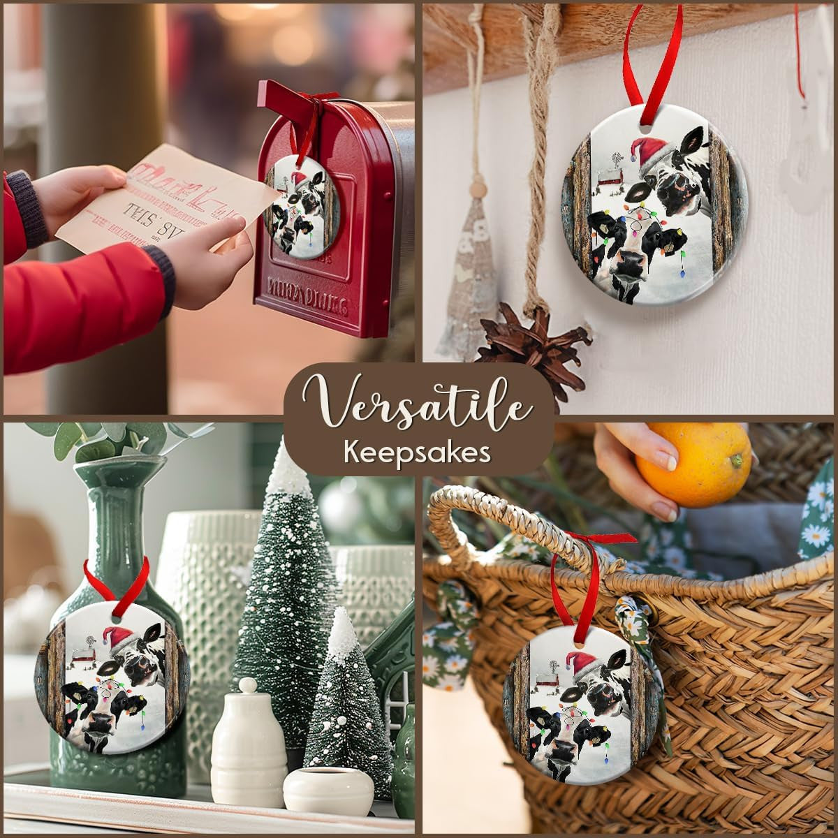 Cow Ornament, Farmhouse Christmas Ornaments - Western Farm Decor Gifts for Family, Mom, Dad, Friends, Cow Farmers - Hanging on Holiday Decorations