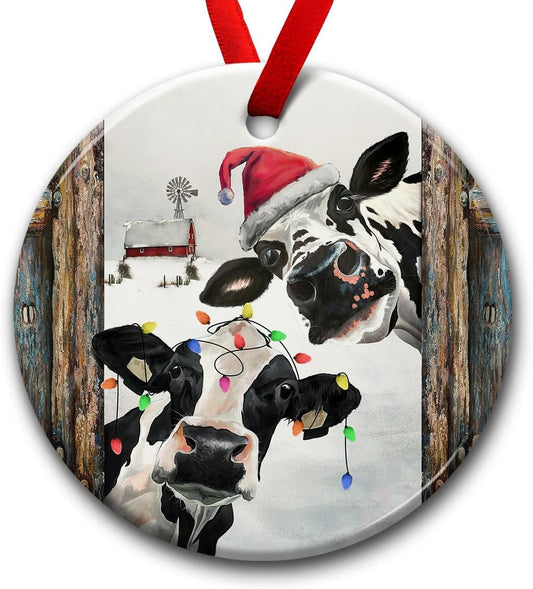 Cow Ornament, Farmhouse Christmas Ornaments - Western Farm Decor Gifts for Family, Mom, Dad, Friends, Cow Farmers - Hanging on Holiday Decorations
