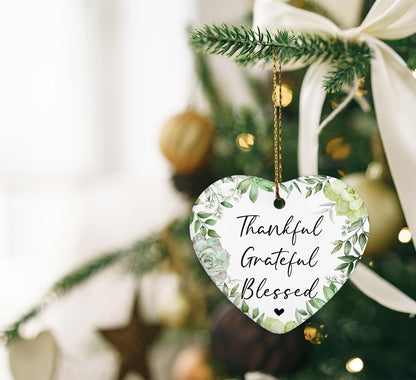 Christian Gifts Christmas Ornament Keepsake Sign,Thankful Grateful Blessed Wall Decor,Religious Christmas Ornaments for Christmas Tree,Ceramic Heart Keepsake Christmas Bible Gifts for Women
