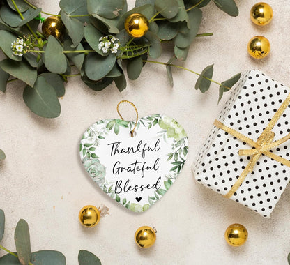 Christian Gifts Christmas Ornament Keepsake Sign,Thankful Grateful Blessed Wall Decor,Religious Christmas Ornaments for Christmas Tree,Ceramic Heart Keepsake Christmas Bible Gifts for Women