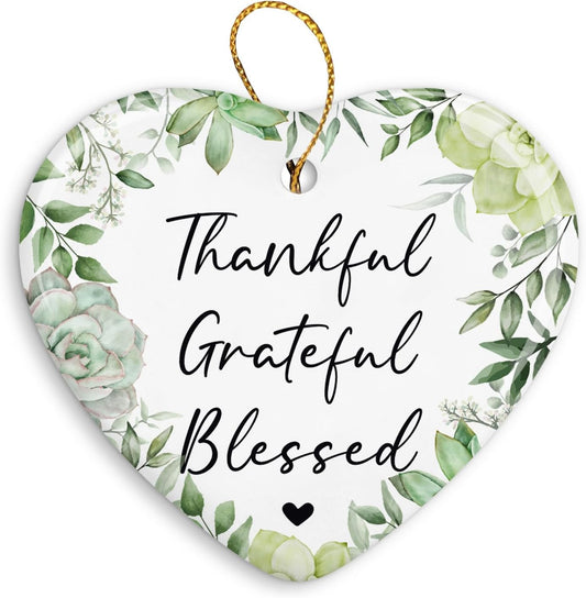 Christian Gifts Christmas Ornament Keepsake Sign,Thankful Grateful Blessed Wall Decor,Religious Christmas Ornaments for Christmas Tree,Ceramic Heart Keepsake Christmas Bible Gifts for Women