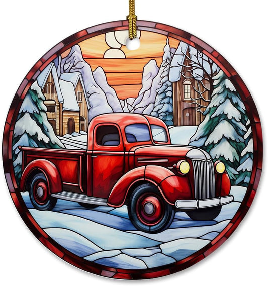 Elegant Red Truck Ornament - Stained Glass & Ceramic Style, Vintage Christmas Decor