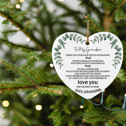 To My Grandson Gifts from Grandma Ceramic Ornament Keepsake Sign Heart Plaque Heartwarming Birthday Christmas Wedding Graduation Gifts for Grandson Family from Grandma