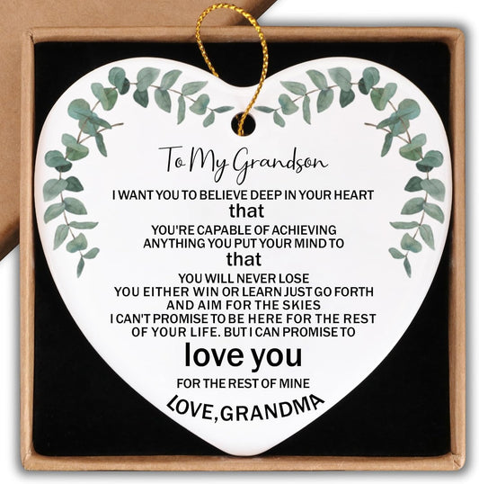 To My Grandson Gifts from Grandma Ceramic Ornament Keepsake Sign Heart Plaque Heartwarming Birthday Christmas Wedding Graduation Gifts for Grandson Family from Grandma
