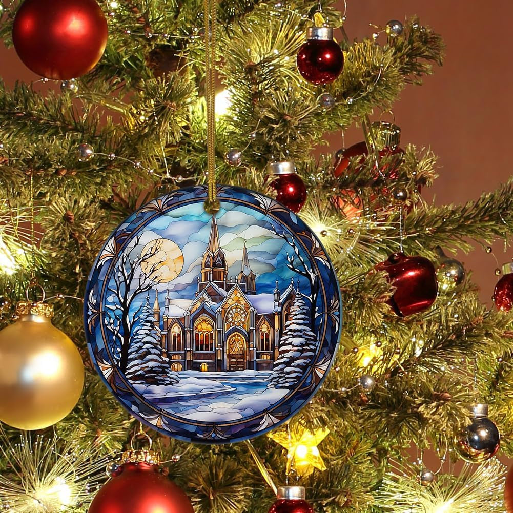 Elegant Castle Ornament, Stained Ceramic Christmas Ornament, Christmas Tree Hanging Decors, Stained Glass Themed Ceramic Christmas Ornament