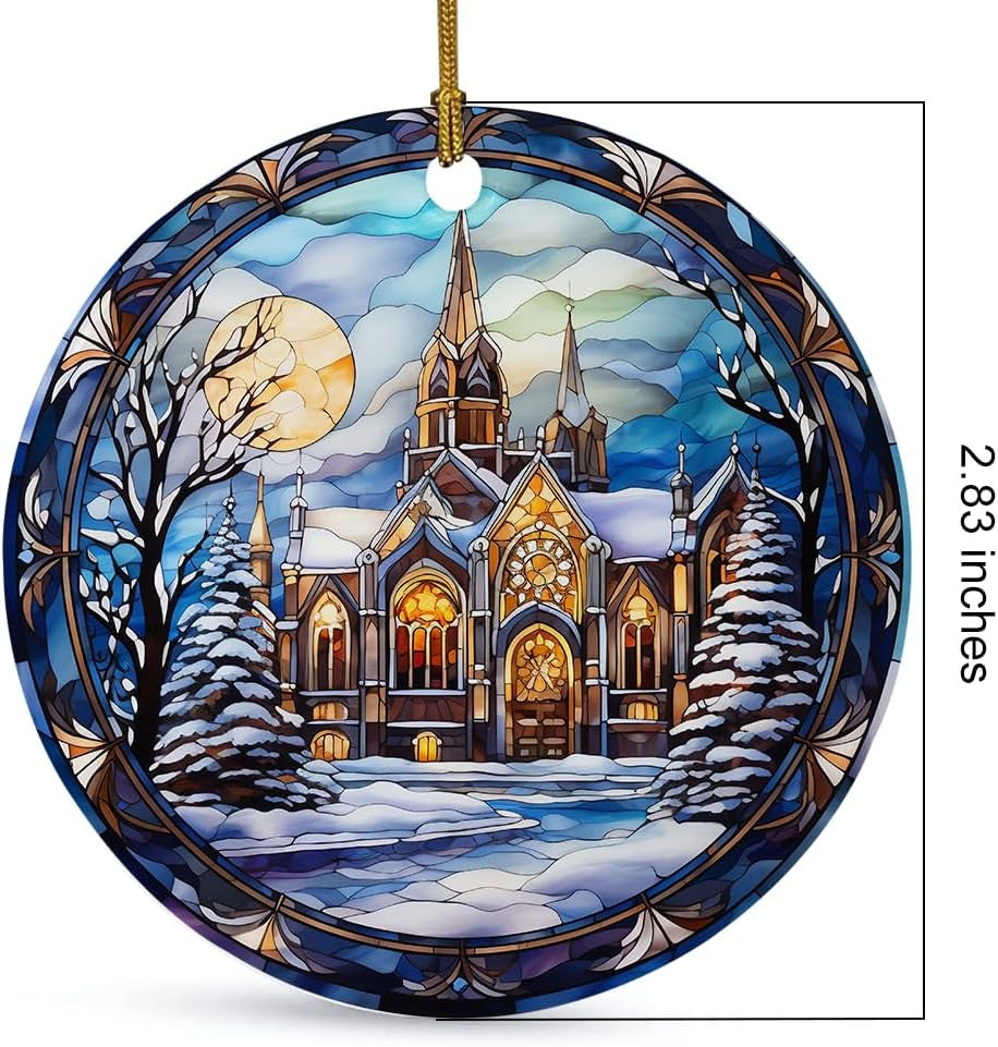 Elegant Castle Ornament, Stained Ceramic Christmas Ornament, Christmas Tree Hanging Decors, Stained Glass Themed Ceramic Christmas Ornament
