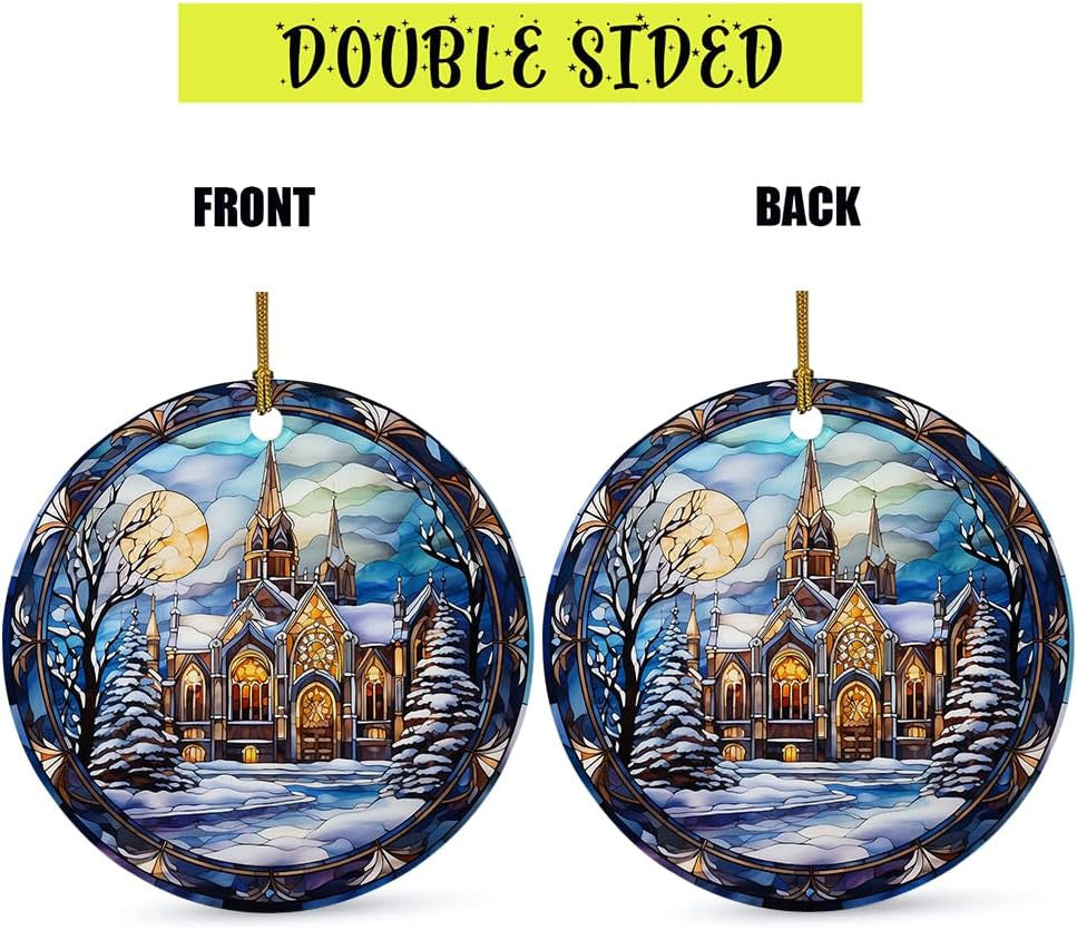 Elegant Castle Ornament, Stained Ceramic Christmas Ornament, Christmas Tree Hanging Decors, Stained Glass Themed Ceramic Christmas Ornament