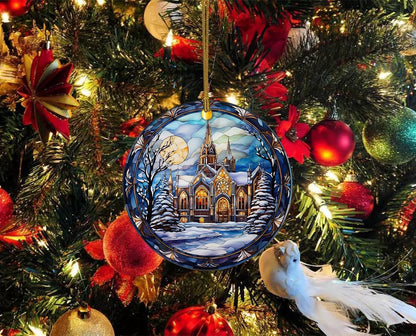 Elegant Castle Ornament, Stained Ceramic Christmas Ornament, Christmas Tree Hanging Decors, Stained Glass Themed Ceramic Christmas Ornament
