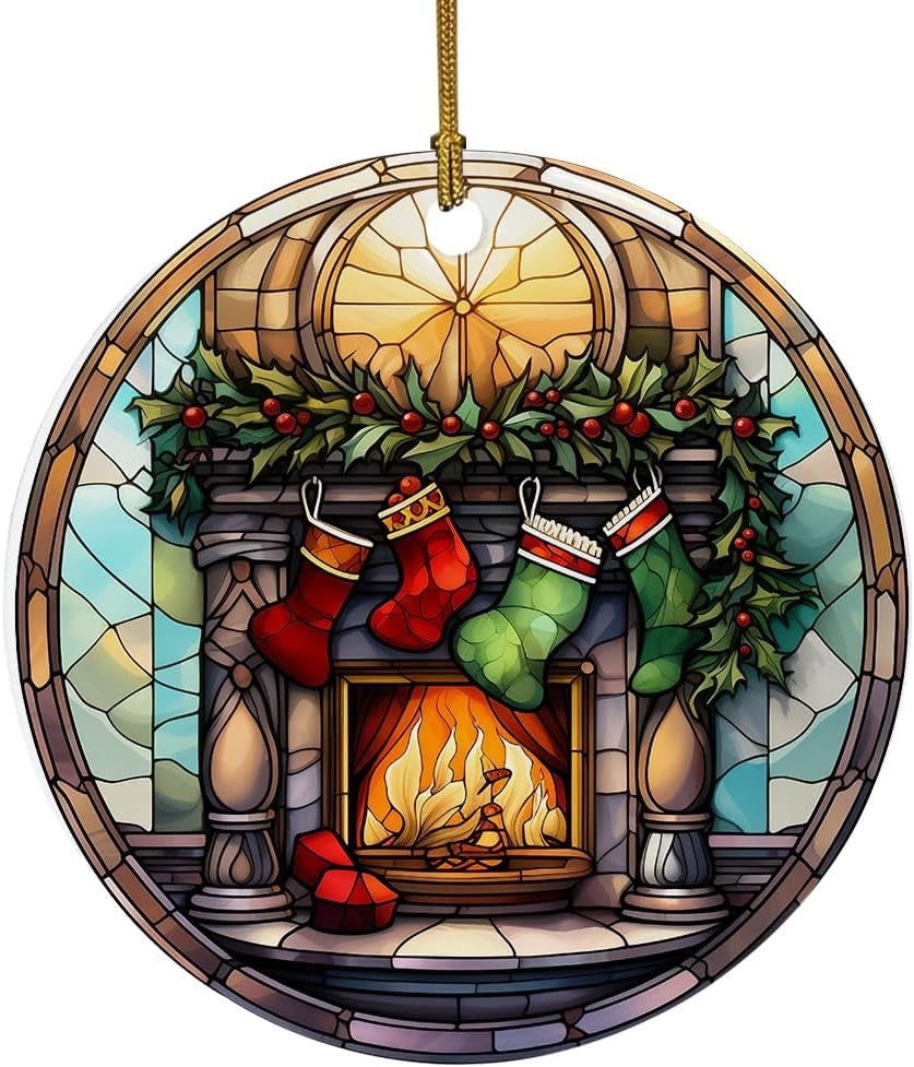 Elegant Castle Ornament, Stained Ceramic Christmas Ornament, Christmas Tree Hanging Decors, Stained Glass Themed Ceramic Christmas Ornament