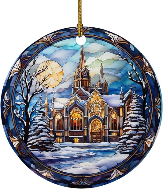 Elegant Castle Ornament, Stained Ceramic Christmas Ornament, Christmas Tree Hanging Decors, Stained Glass Themed Ceramic Christmas Ornament