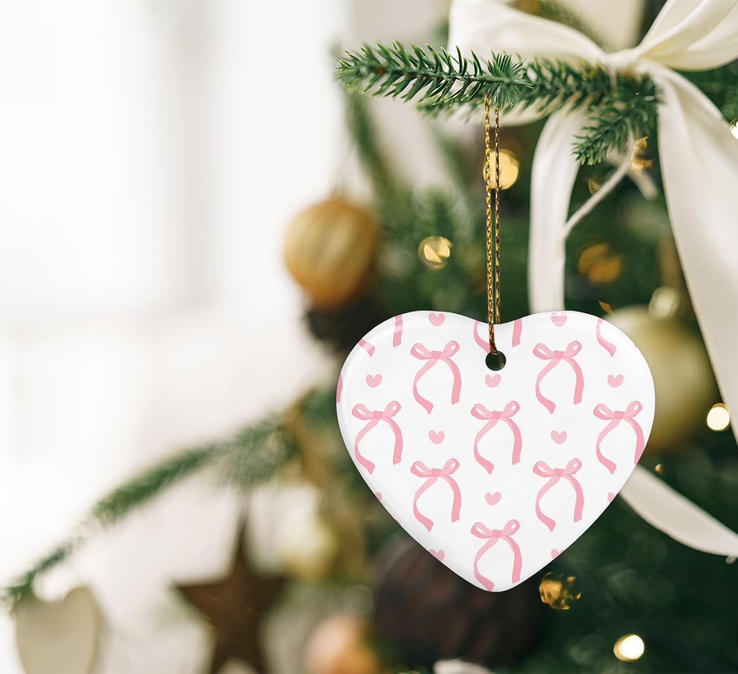 Coquette Trendy Pink Bow Ornament, Keepsake Sign for Christmas Tree, Ceramic Heart Keepsake Birthday Decorations