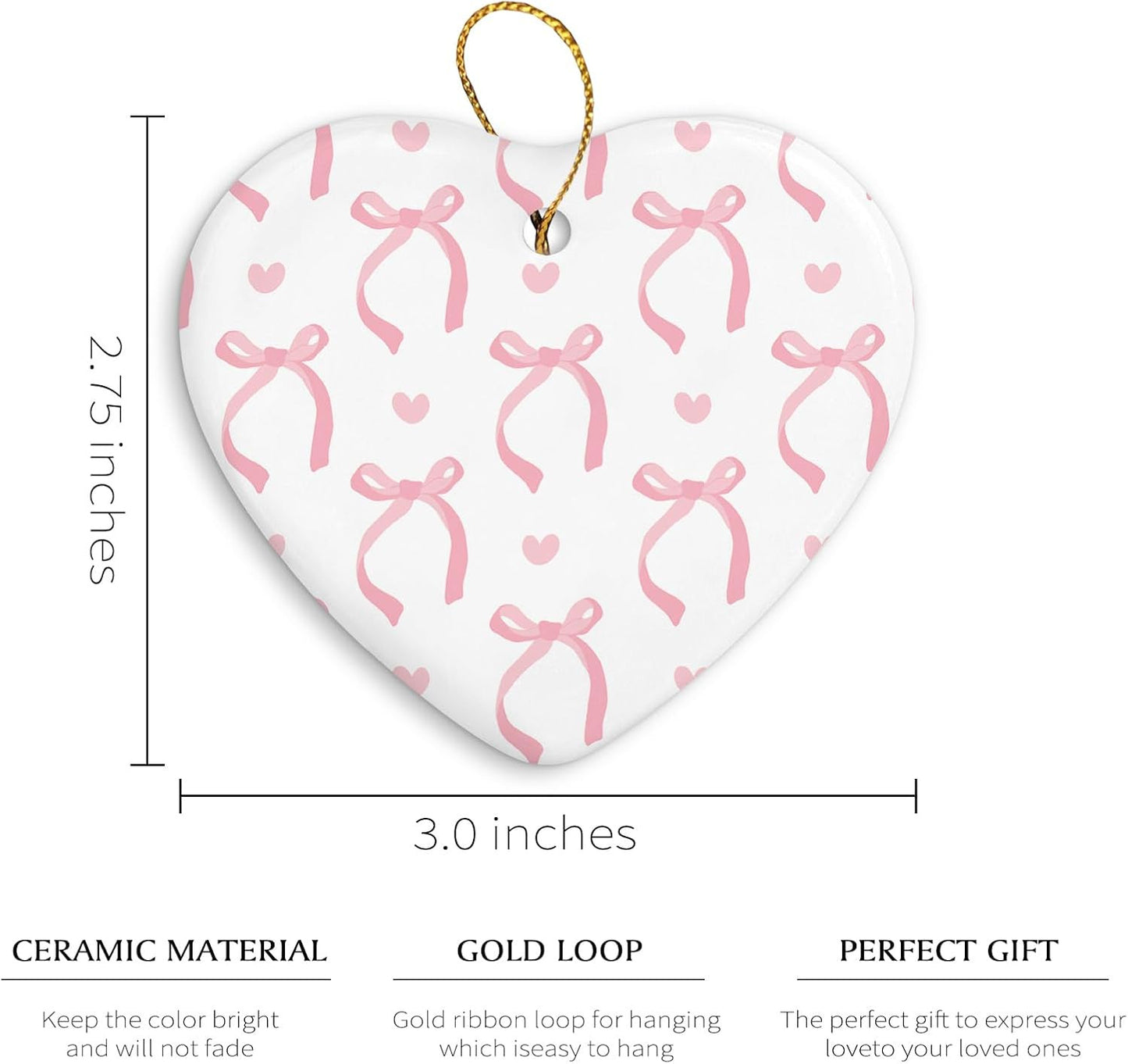Coquette Trendy Pink Bow Ornament, Keepsake Sign for Christmas Tree, Ceramic Heart Keepsake Birthday Decorations