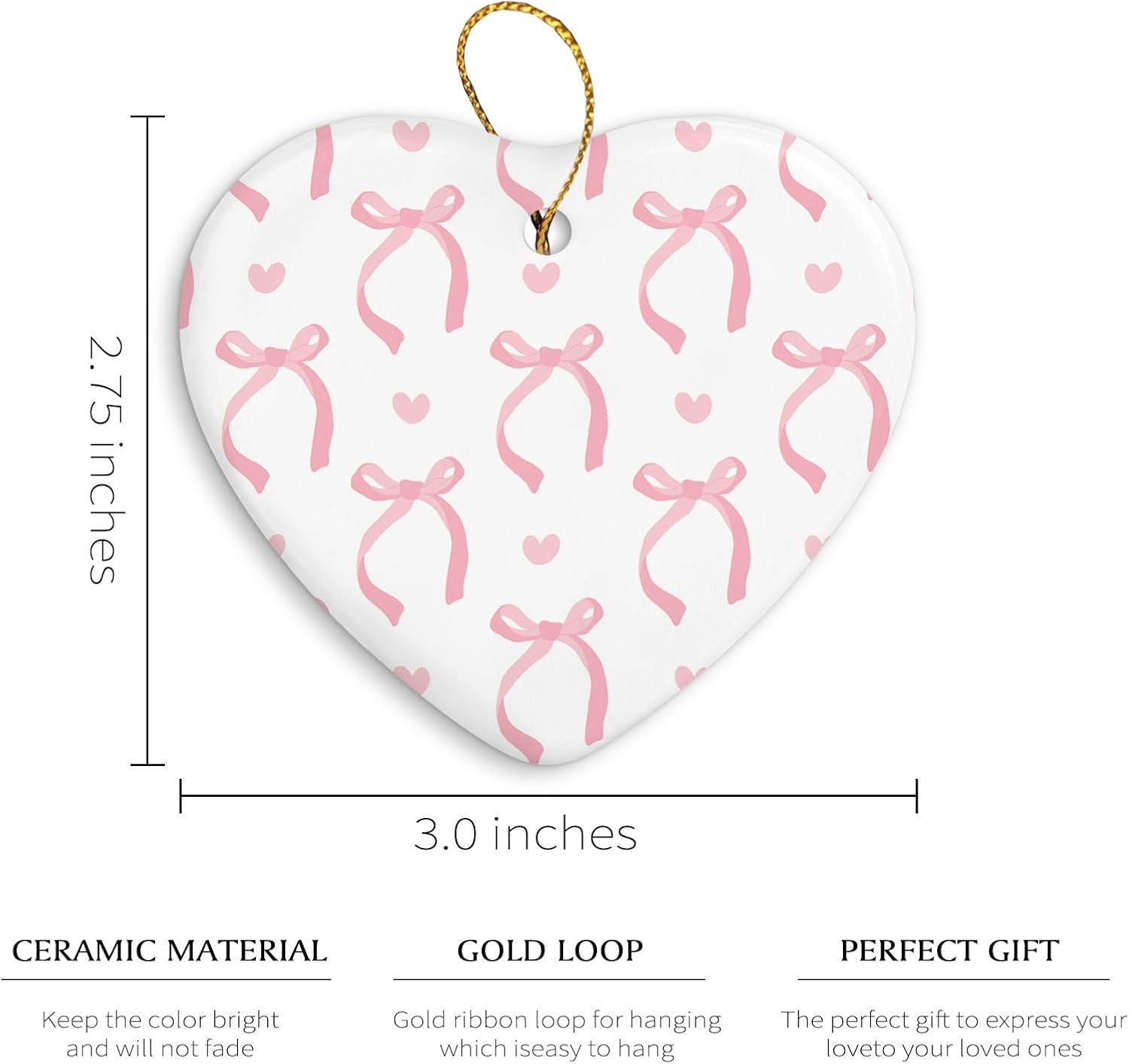 Coquette Trendy Pink Bow Ornament, Keepsake Sign for Christmas Tree, Ceramic Heart Keepsake Birthday Decorations