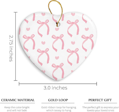 Coquette Trendy Pink Bow Ornament, Keepsake Sign for Christmas Tree, Ceramic Heart Keepsake Birthday Decorations