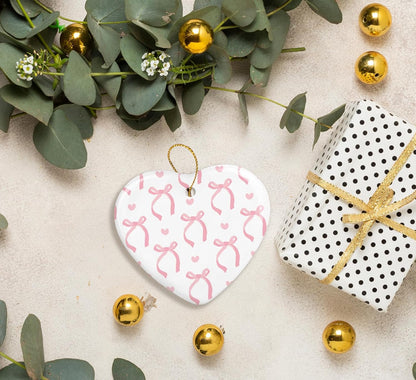 Coquette Trendy Pink Bow Ornament, Keepsake Sign for Christmas Tree, Ceramic Heart Keepsake Birthday Decorations