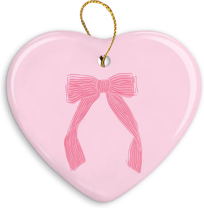 Coquette Trendy Pink Bow Ornament, Keepsake Sign for Christmas Tree, Ceramic Heart Keepsake Birthday Decorations